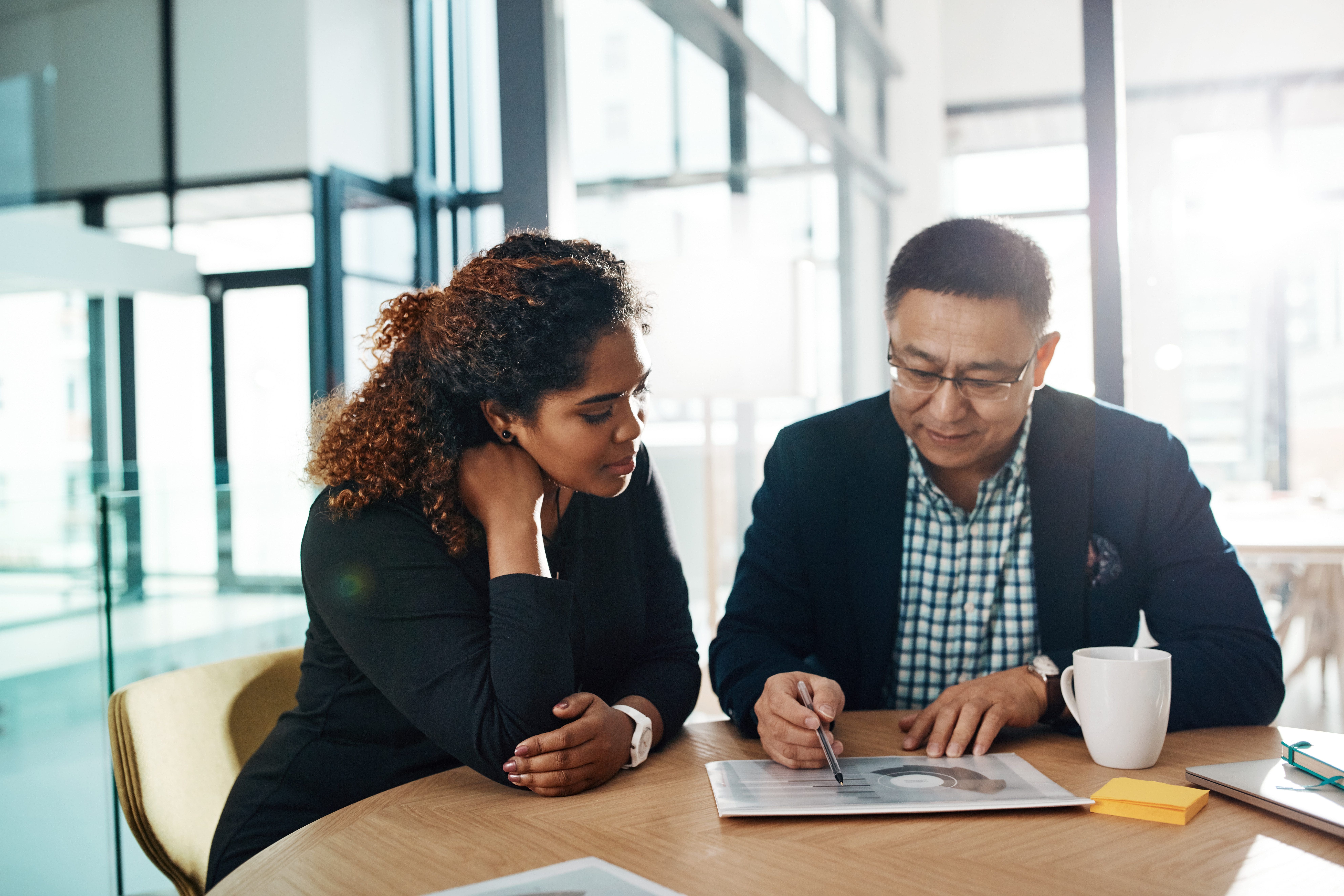 Meeting, finance and planning of people manager with graphs, charts and analysis, teamwork and collaboration. Business documents, financial report and accounting senior person, boss and leadership