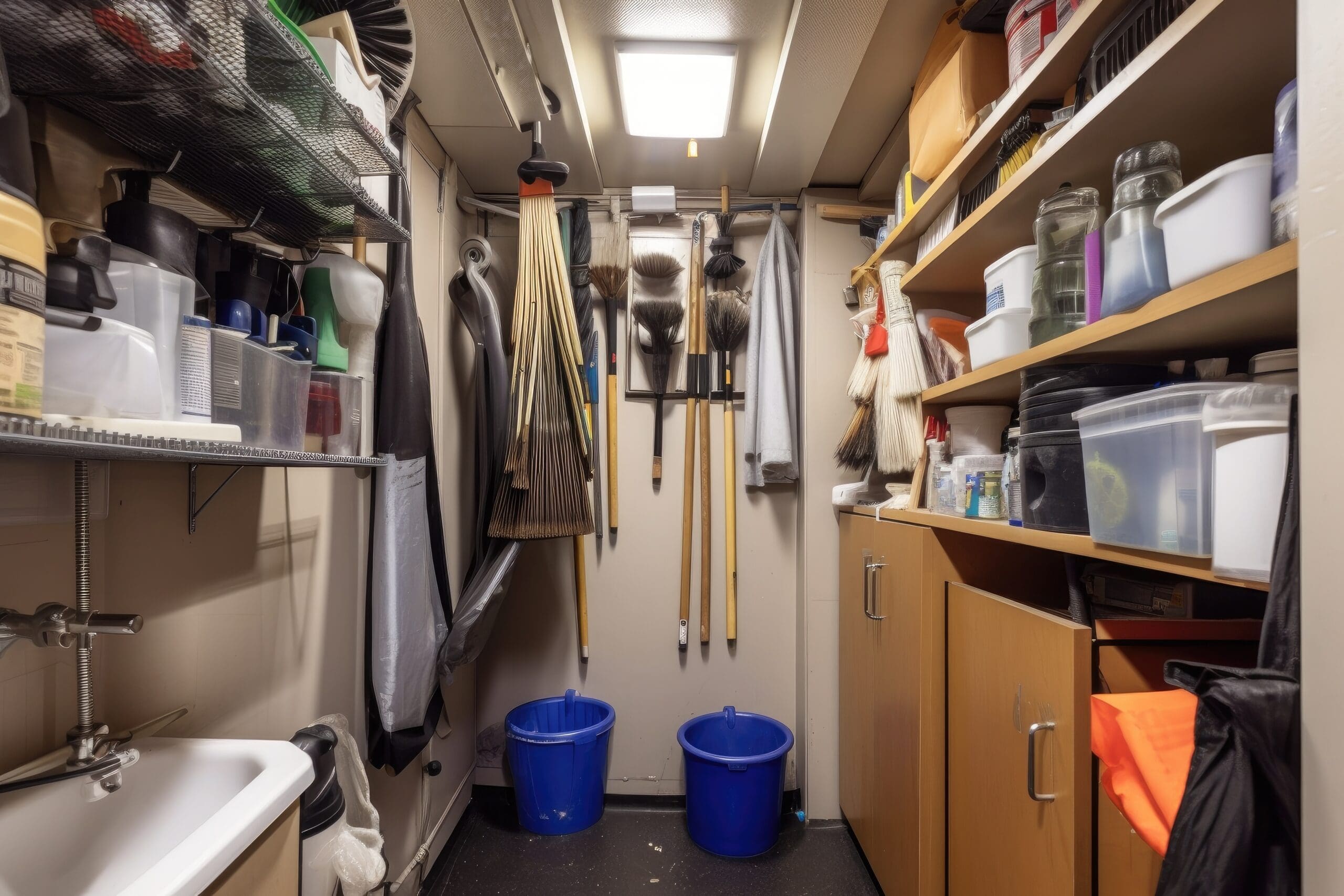 cleaning supplies closet, with mop, bucket, and other tools hanging on the wall