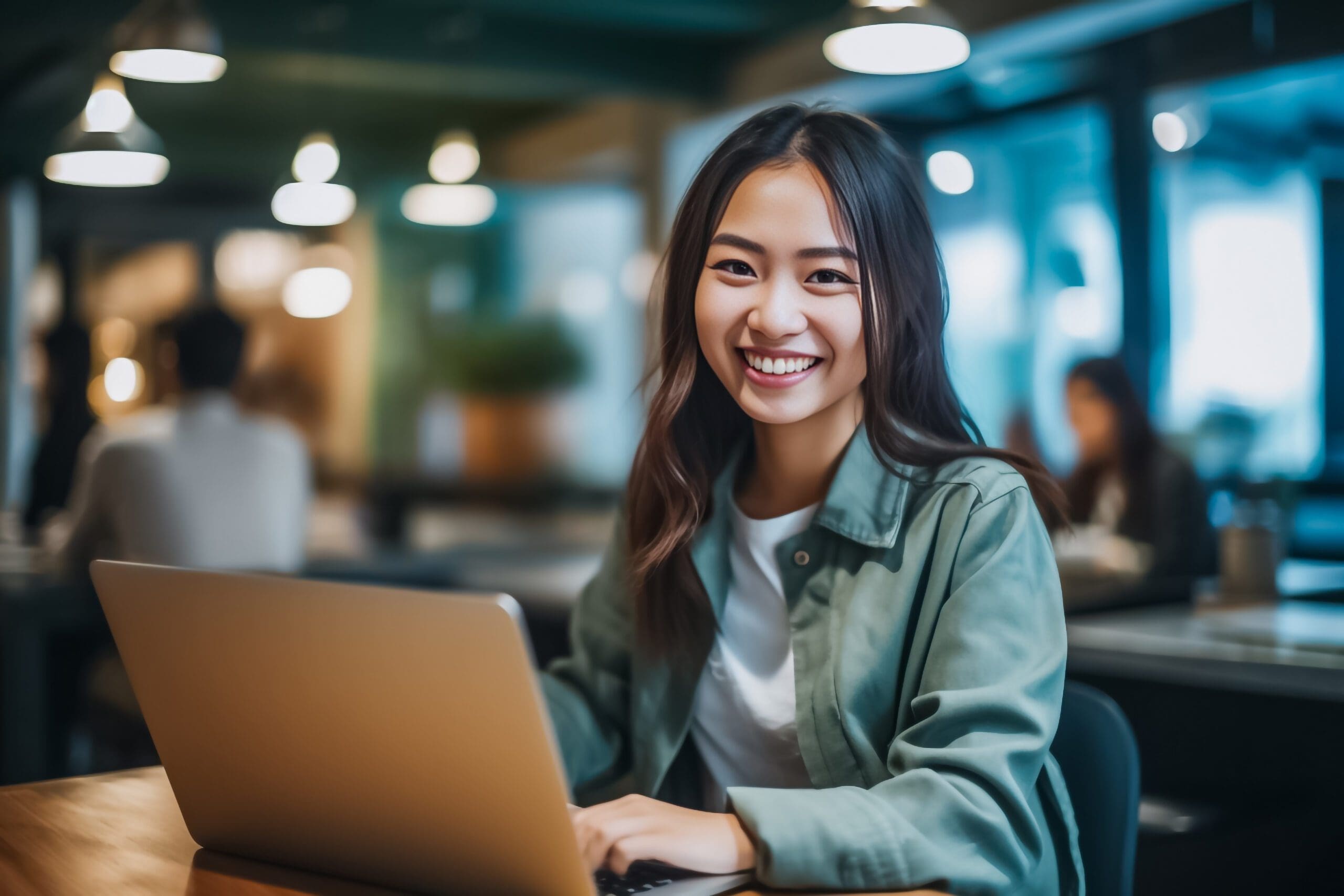 Asian office working girl with a radiant smile sits in front of her laptop computer, immersed in work, against a soothing blue turquoise background. generative AI.