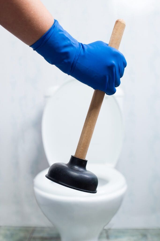 Cleaner holding a plunger in front of toilet.