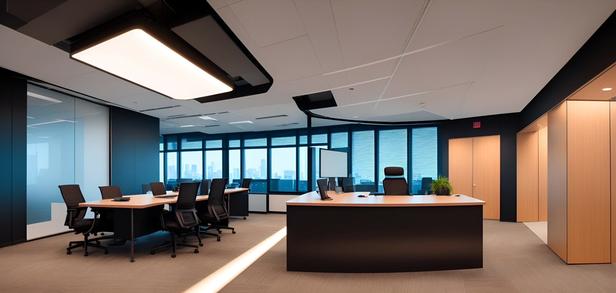 Photo of an empty conference room with a modern design and comfortable seating